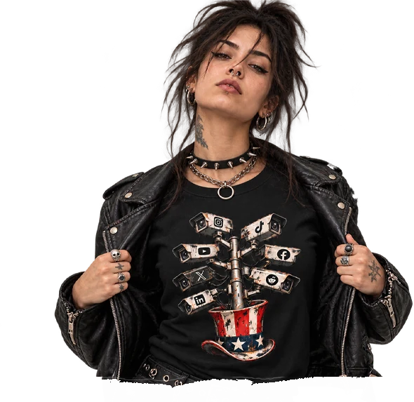 CODEX model in leather jacket wearing surveillance-camera print T-shirt