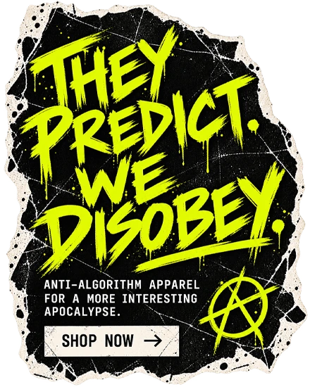 They Predict. We Disobey. Anti-algorithm apparel for a more interesting apocalypse.