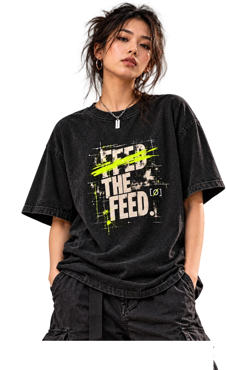 Model wearing CODEX Feed the Feed graphic T-shirt