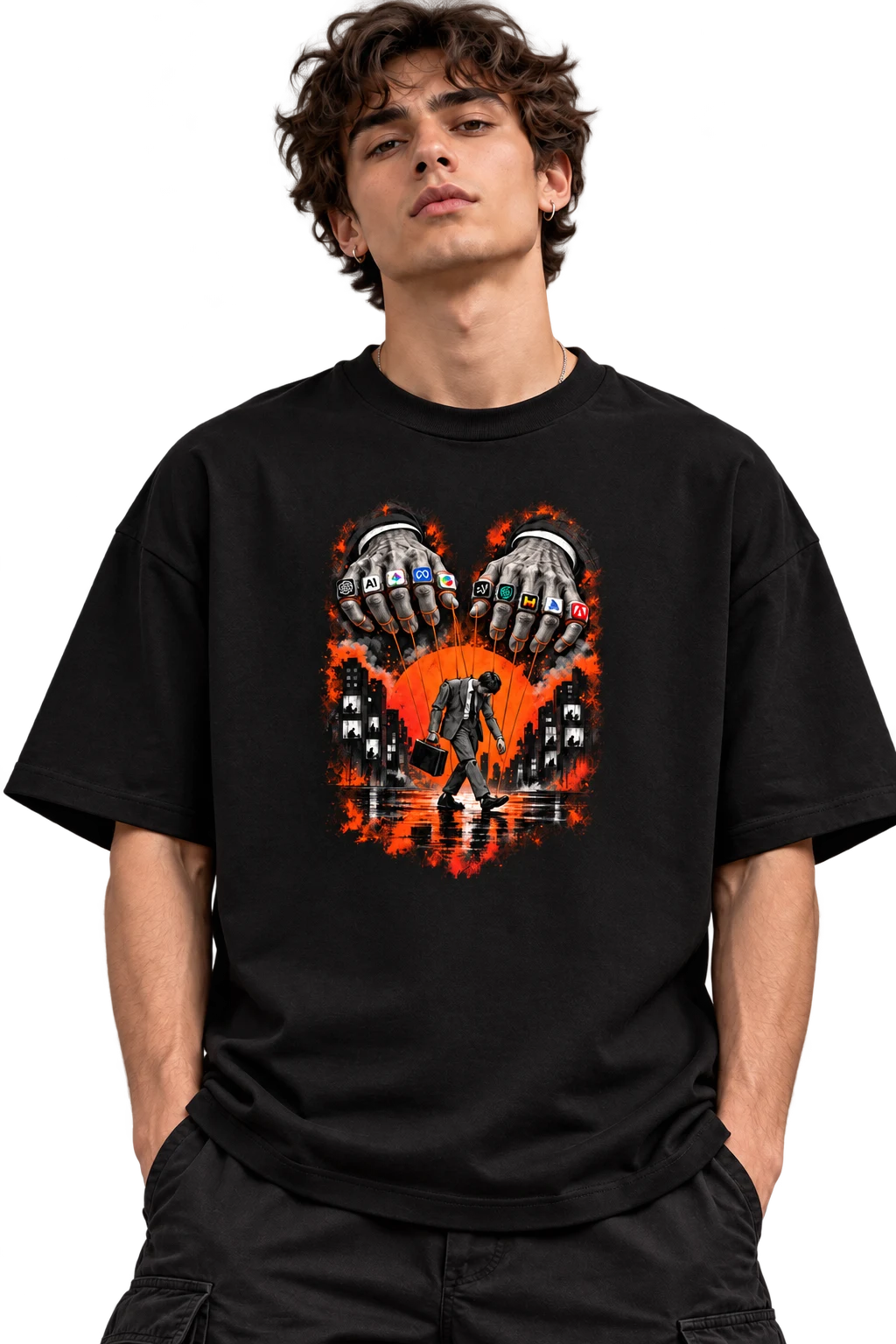 Model wearing CODEX puppetmaster surveillance graphic T-shirt